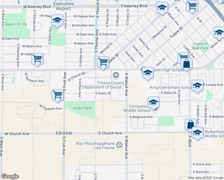 map of restaurants, bars, coffee shops, grocery stores, and more near 2255 South Plumas Street in Fresno