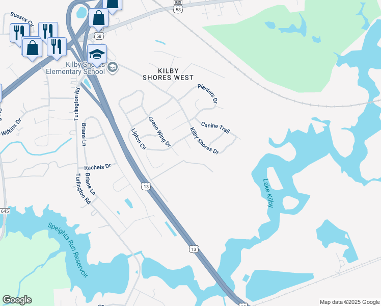 map of restaurants, bars, coffee shops, grocery stores, and more near 515 Boxwood Court in Suffolk