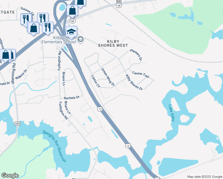 map of restaurants, bars, coffee shops, grocery stores, and more near 1472 Lipton Circle in Suffolk