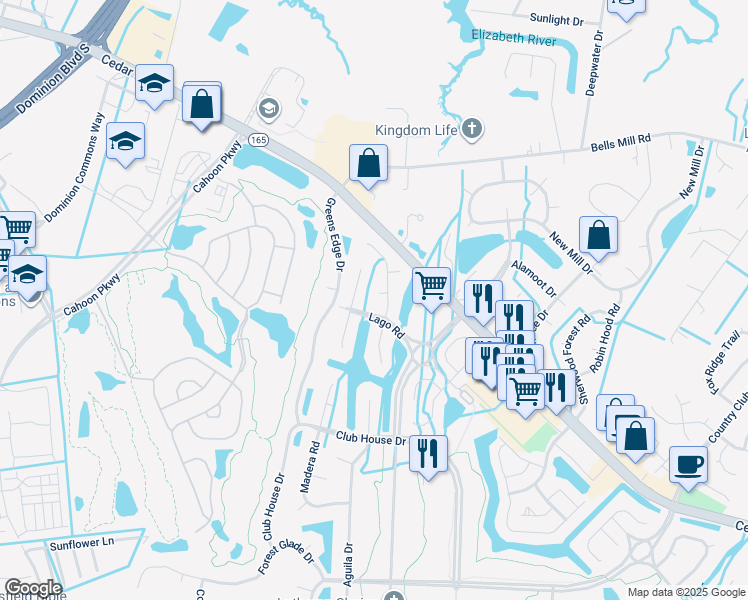 map of restaurants, bars, coffee shops, grocery stores, and more near 1205 Charca Court in Chesapeake