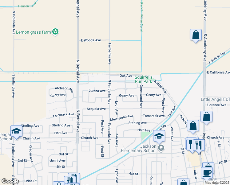 map of restaurants, bars, coffee shops, grocery stores, and more near 2267 Lorena Avenue in Sanger