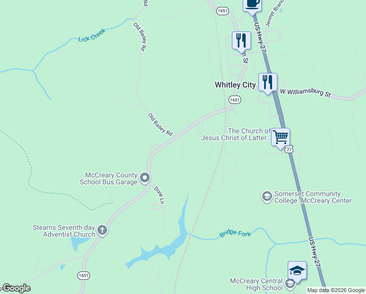 map of restaurants, bars, coffee shops, grocery stores, and more near High School Road in Whitley City