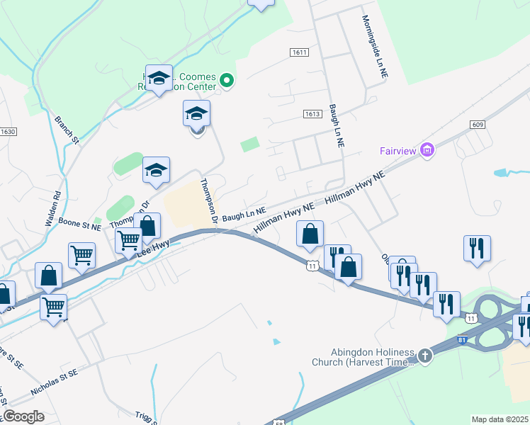 map of restaurants, bars, coffee shops, grocery stores, and more near 780 Baugh Lane Northeast in Abingdon