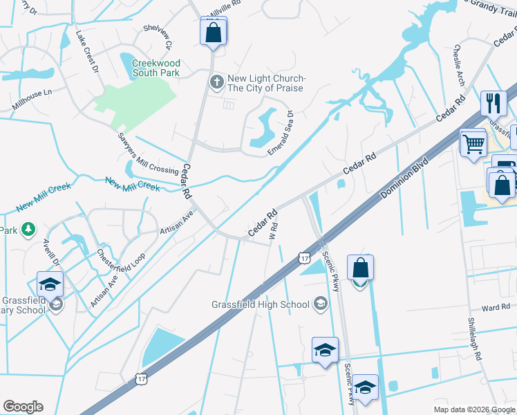 map of restaurants, bars, coffee shops, grocery stores, and more near 2120 Cedar Road in Chesapeake