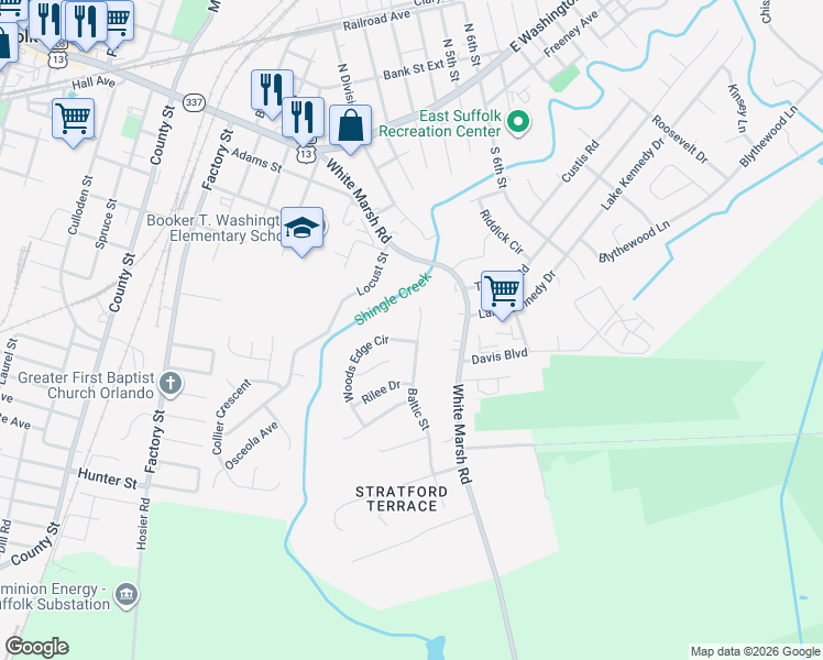 map of restaurants, bars, coffee shops, grocery stores, and more near 1213 Baltic Street in Suffolk