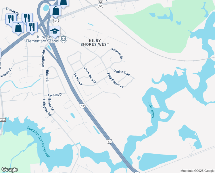 map of restaurants, bars, coffee shops, grocery stores, and more near 515 Boxwood Court in Suffolk