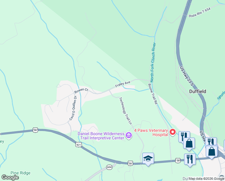 map of restaurants, bars, coffee shops, grocery stores, and more near Technology Trail Lane in Duffield