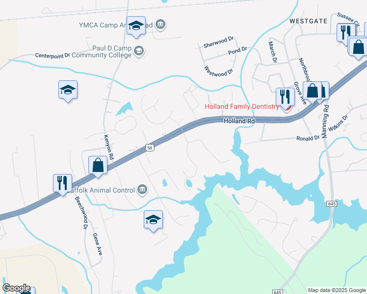 map of restaurants, bars, coffee shops, grocery stores, and more near 101 Cove Point Drive in Suffolk