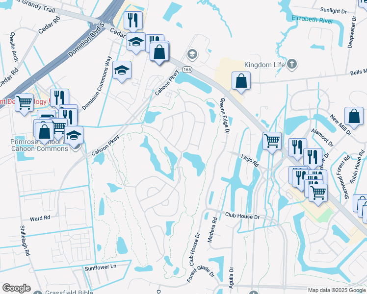 map of restaurants, bars, coffee shops, grocery stores, and more near 1402 Scoonie Pointe Drive in Chesapeake