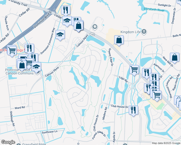 map of restaurants, bars, coffee shops, grocery stores, and more near 1402 Scoonie Pointe Drive in Chesapeake