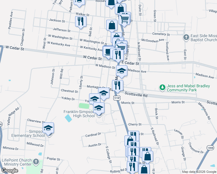 map of restaurants, bars, coffee shops, grocery stores, and more near 306 South College Street in Franklin