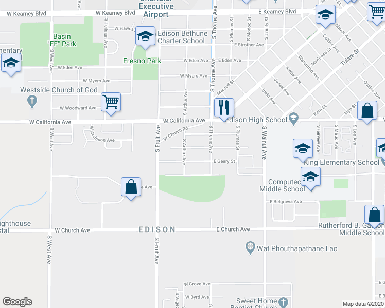 map of restaurants, bars, coffee shops, grocery stores, and more near 243 West Geary Street in Fresno