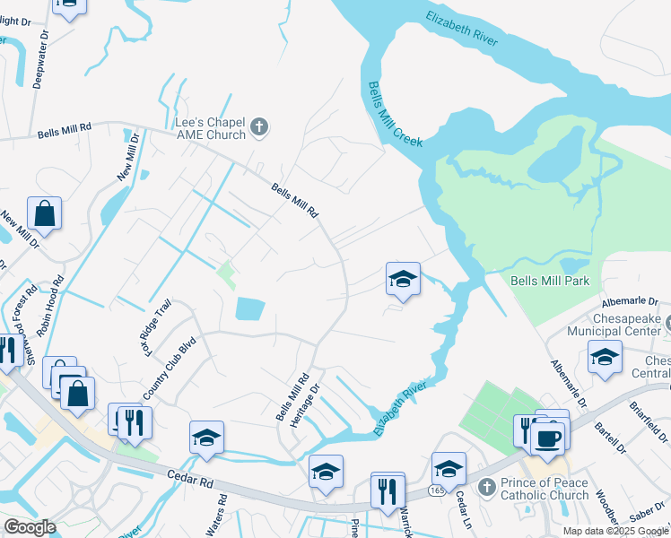 map of restaurants, bars, coffee shops, grocery stores, and more near 909 Bells Mill Road in Chesapeake