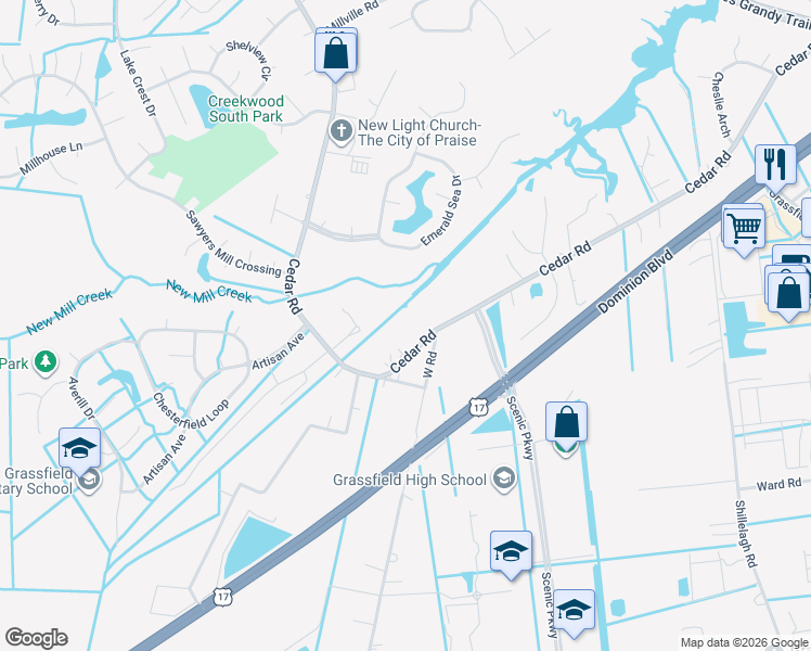 map of restaurants, bars, coffee shops, grocery stores, and more near 2120 Cedar Road in Chesapeake