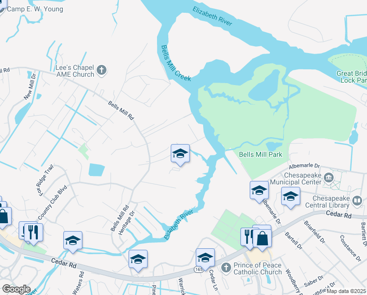 map of restaurants, bars, coffee shops, grocery stores, and more near 672 Luther Street in Chesapeake