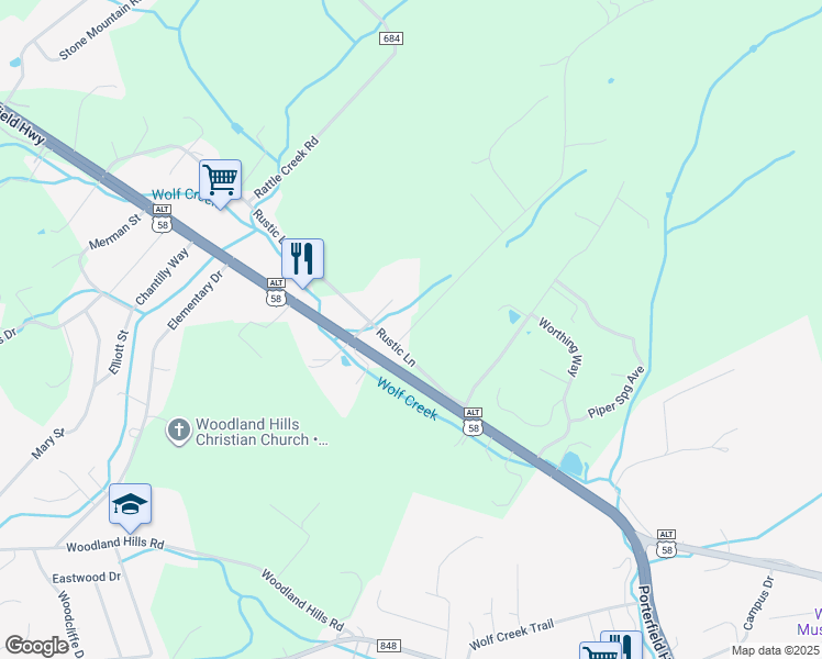 map of restaurants, bars, coffee shops, grocery stores, and more near 16015 Steinman Road in Abingdon
