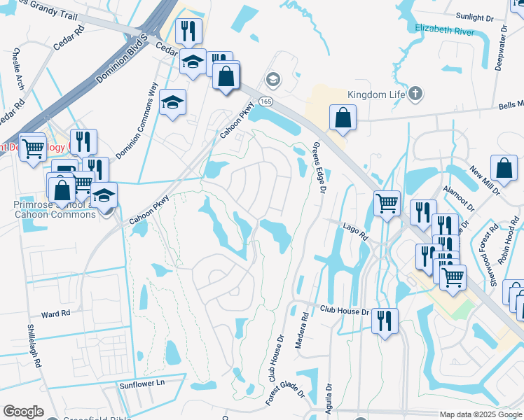 map of restaurants, bars, coffee shops, grocery stores, and more near 1404 Scoonie Pointe Drive in Chesapeake
