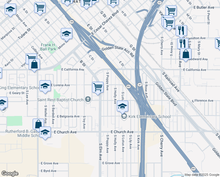 map of restaurants, bars, coffee shops, grocery stores, and more near 2266 South Poppy Avenue in Fresno