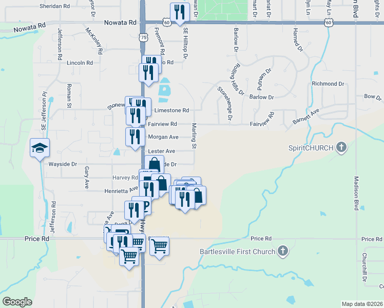 map of restaurants, bars, coffee shops, grocery stores, and more near 4113 Wayside Drive in Bartlesville