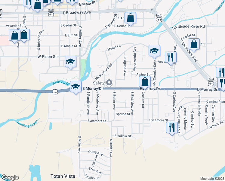 map of restaurants, bars, coffee shops, grocery stores, and more near 1109 South Butler Avenue in Farmington