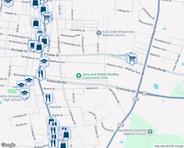 map of restaurants, bars, coffee shops, grocery stores, and more near 401-599 Breckenridge Street in Franklin