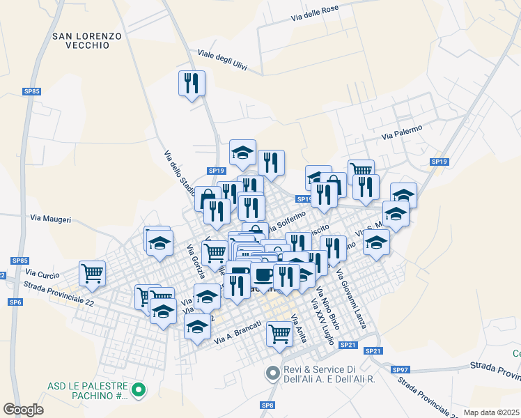 map of restaurants, bars, coffee shops, grocery stores, and more near 40 Via Regina Margherita in Pachino