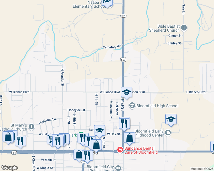 map of restaurants, bars, coffee shops, grocery stores, and more near North 3rd Street in Bloomfield