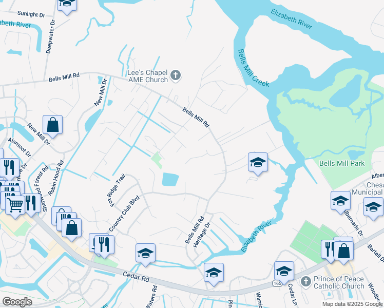 map of restaurants, bars, coffee shops, grocery stores, and more near 906 Tisbury Drive in Chesapeake