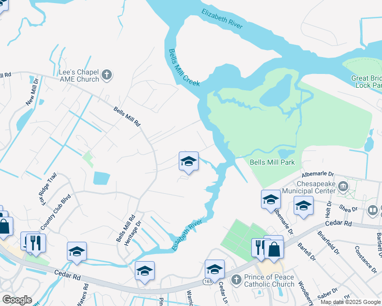 map of restaurants, bars, coffee shops, grocery stores, and more near 672 Luther Street in Chesapeake