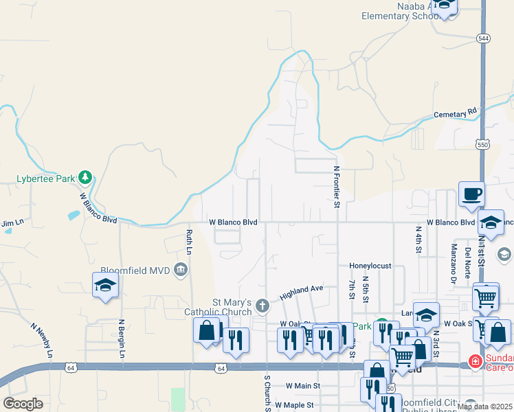 map of restaurants, bars, coffee shops, grocery stores, and more near 1005 North Columbine Street in Bloomfield