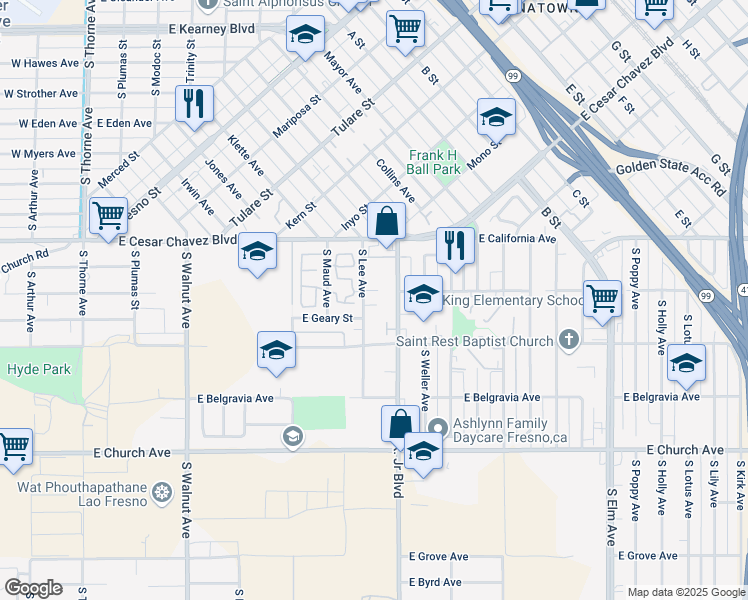 map of restaurants, bars, coffee shops, grocery stores, and more near 855 East Lorena Avenue in Fresno