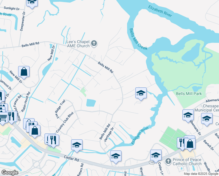 map of restaurants, bars, coffee shops, grocery stores, and more near 953A Bells Mill Road in Chesapeake