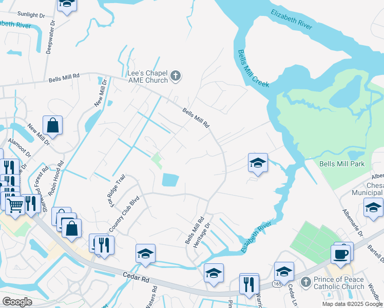 map of restaurants, bars, coffee shops, grocery stores, and more near 906 Tisbury Drive in Chesapeake
