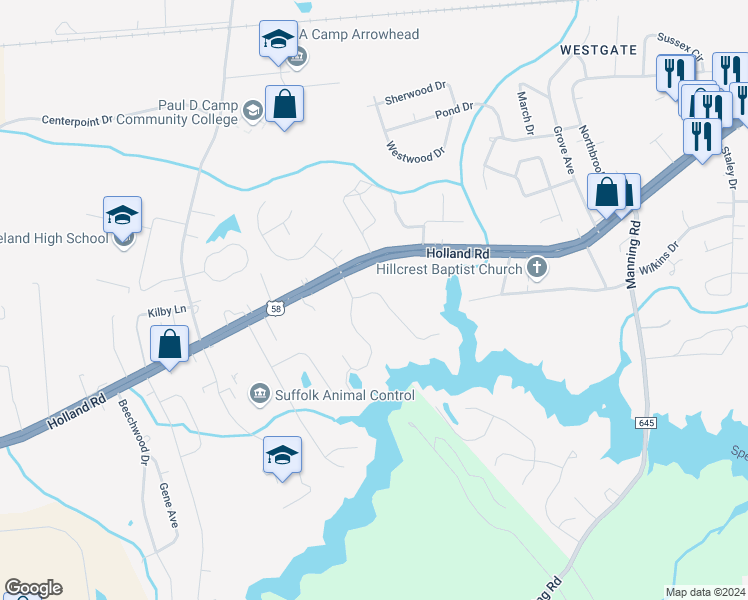 map of restaurants, bars, coffee shops, grocery stores, and more near 101 Lake Front Drive in Suffolk