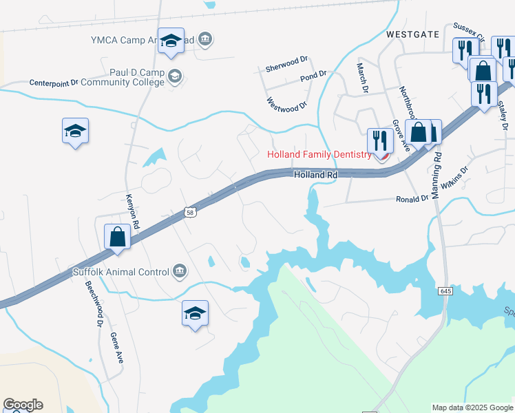map of restaurants, bars, coffee shops, grocery stores, and more near 101 Lake Front Drive in Suffolk