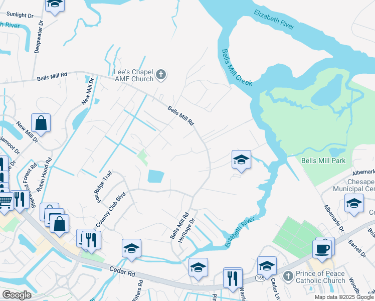 map of restaurants, bars, coffee shops, grocery stores, and more near 953A Bells Mill Road in Chesapeake