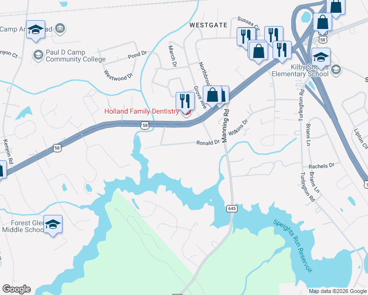 map of restaurants, bars, coffee shops, grocery stores, and more near 1637 Holland Road in Suffolk