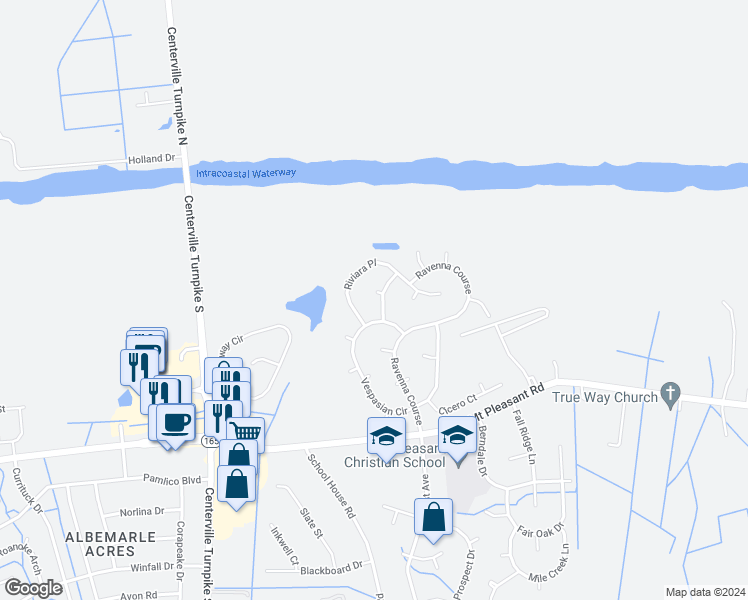 map of restaurants, bars, coffee shops, grocery stores, and more near 1507 Milano Court in Chesapeake