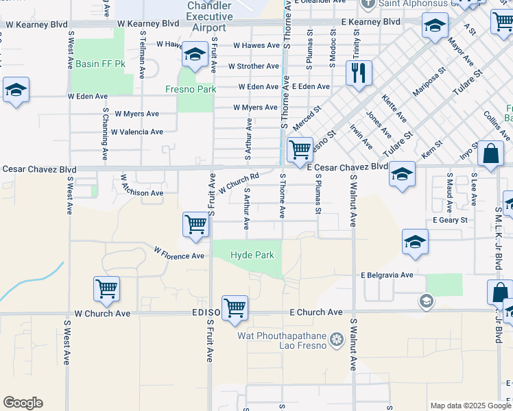 map of restaurants, bars, coffee shops, grocery stores, and more near 241 West Atchison Avenue in Fresno