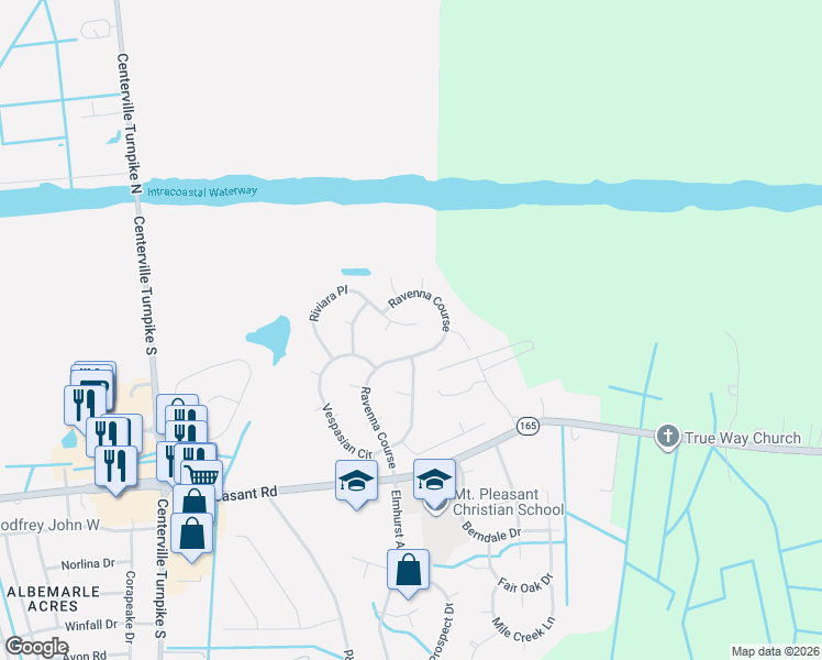 map of restaurants, bars, coffee shops, grocery stores, and more near 208 Riviara Place in Chesapeake