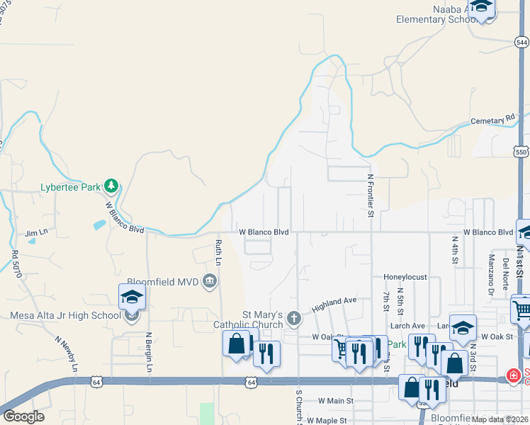 map of restaurants, bars, coffee shops, grocery stores, and more near 817 Saguaro Street in Bloomfield