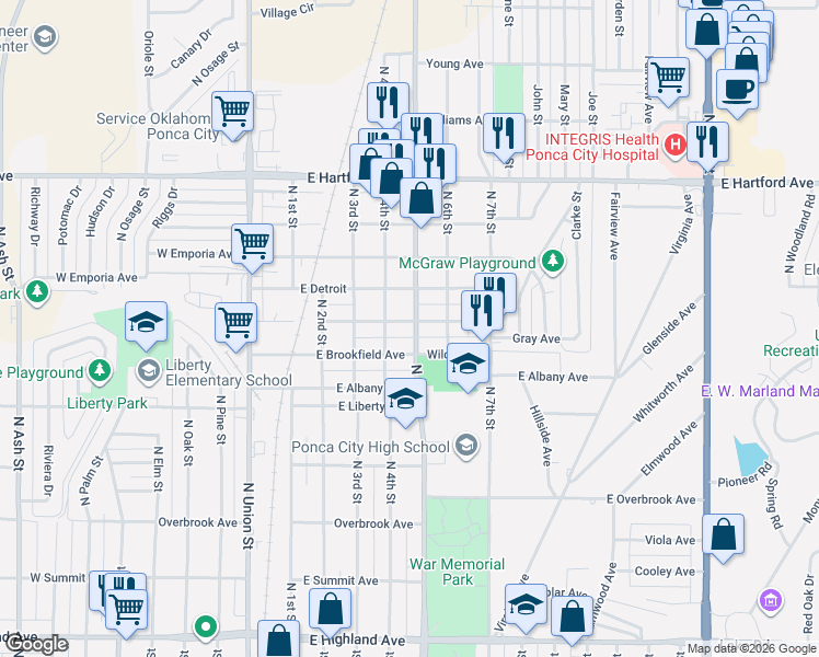 map of restaurants, bars, coffee shops, grocery stores, and more near 501 East Comanche Avenue in Ponca City