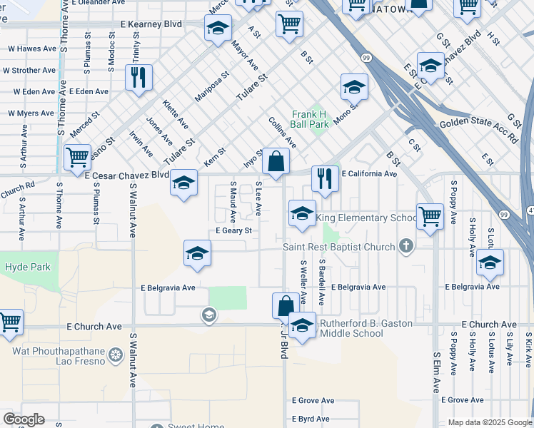 map of restaurants, bars, coffee shops, grocery stores, and more near 855 East Lorena Avenue in Fresno