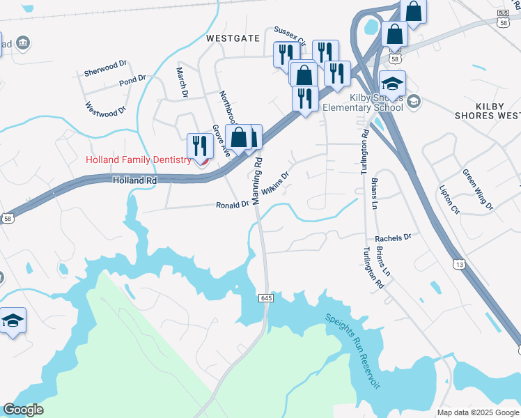 map of restaurants, bars, coffee shops, grocery stores, and more near 132 Manning Road in Suffolk