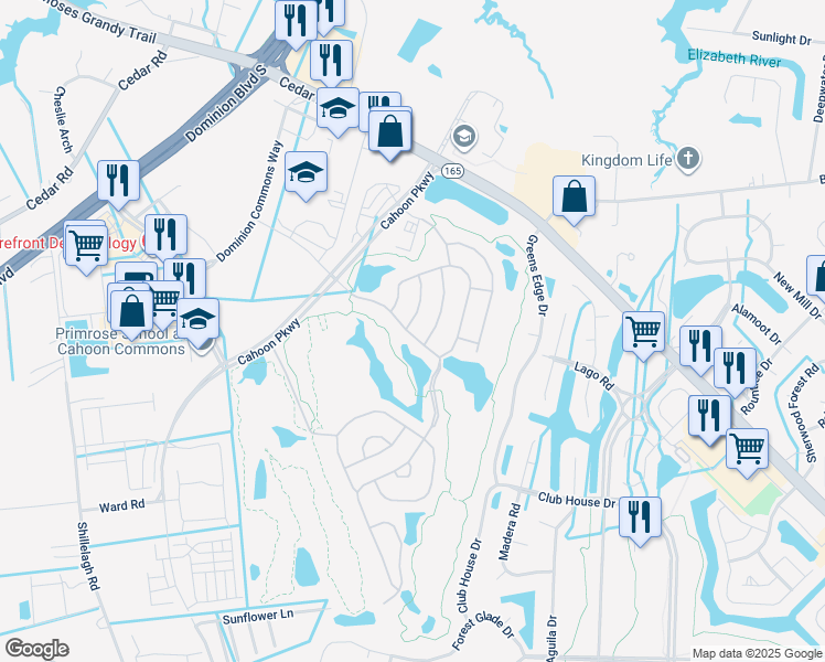 map of restaurants, bars, coffee shops, grocery stores, and more near 401 Galies Pointe Lane in Chesapeake