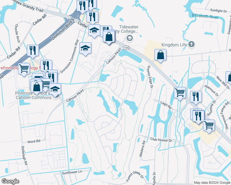 map of restaurants, bars, coffee shops, grocery stores, and more near 401 Galies Pointe Lane in Chesapeake