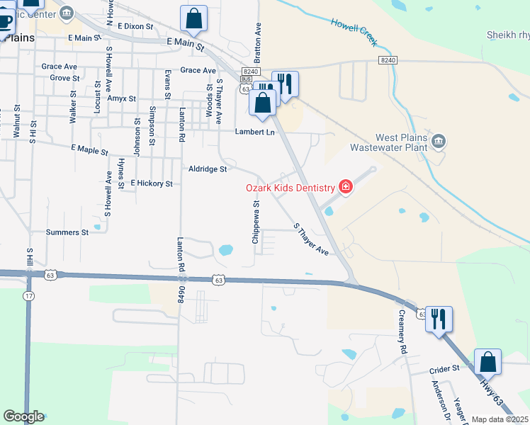 map of restaurants, bars, coffee shops, grocery stores, and more near 510 Chippewa Street in West Plains