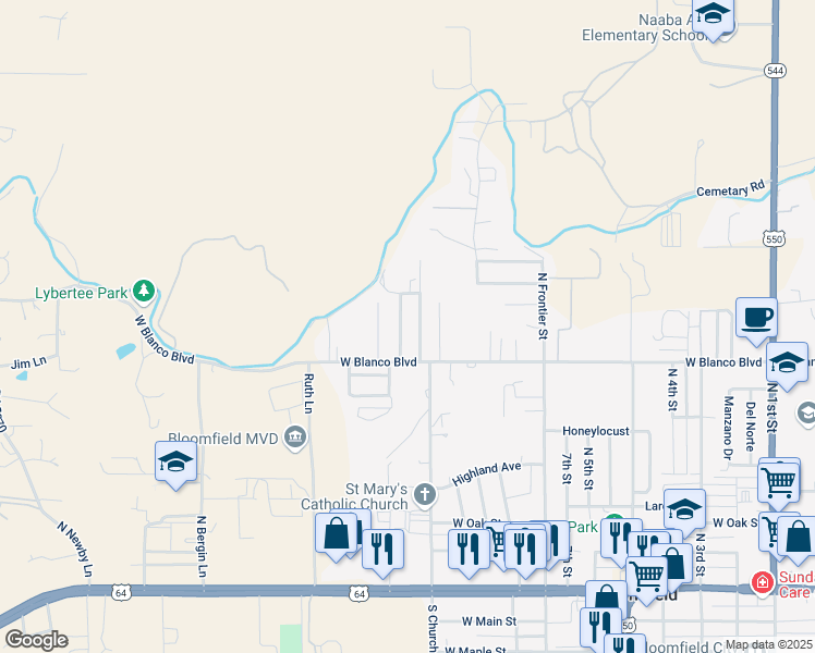 map of restaurants, bars, coffee shops, grocery stores, and more near 817 Saguaro Street in Bloomfield