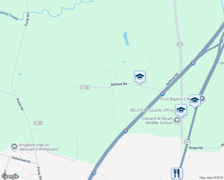 map of restaurants, bars, coffee shops, grocery stores, and more near 745 Belfield Road in Emporia