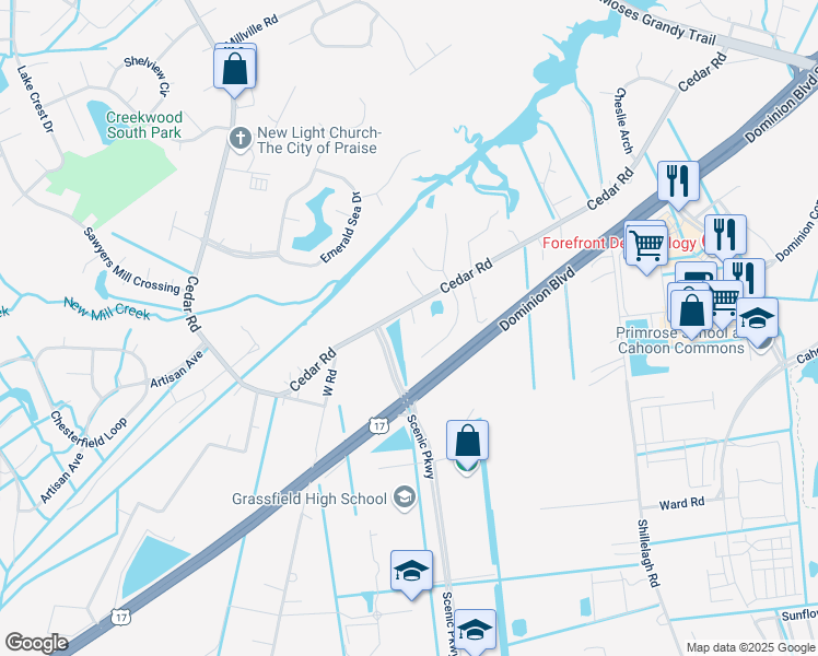 map of restaurants, bars, coffee shops, grocery stores, and more near 2041 Cedar Road in Chesapeake
